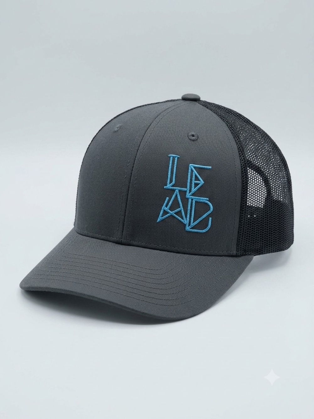 Men's Dark Gray Trucker Hat with Light Blue Embroidery
